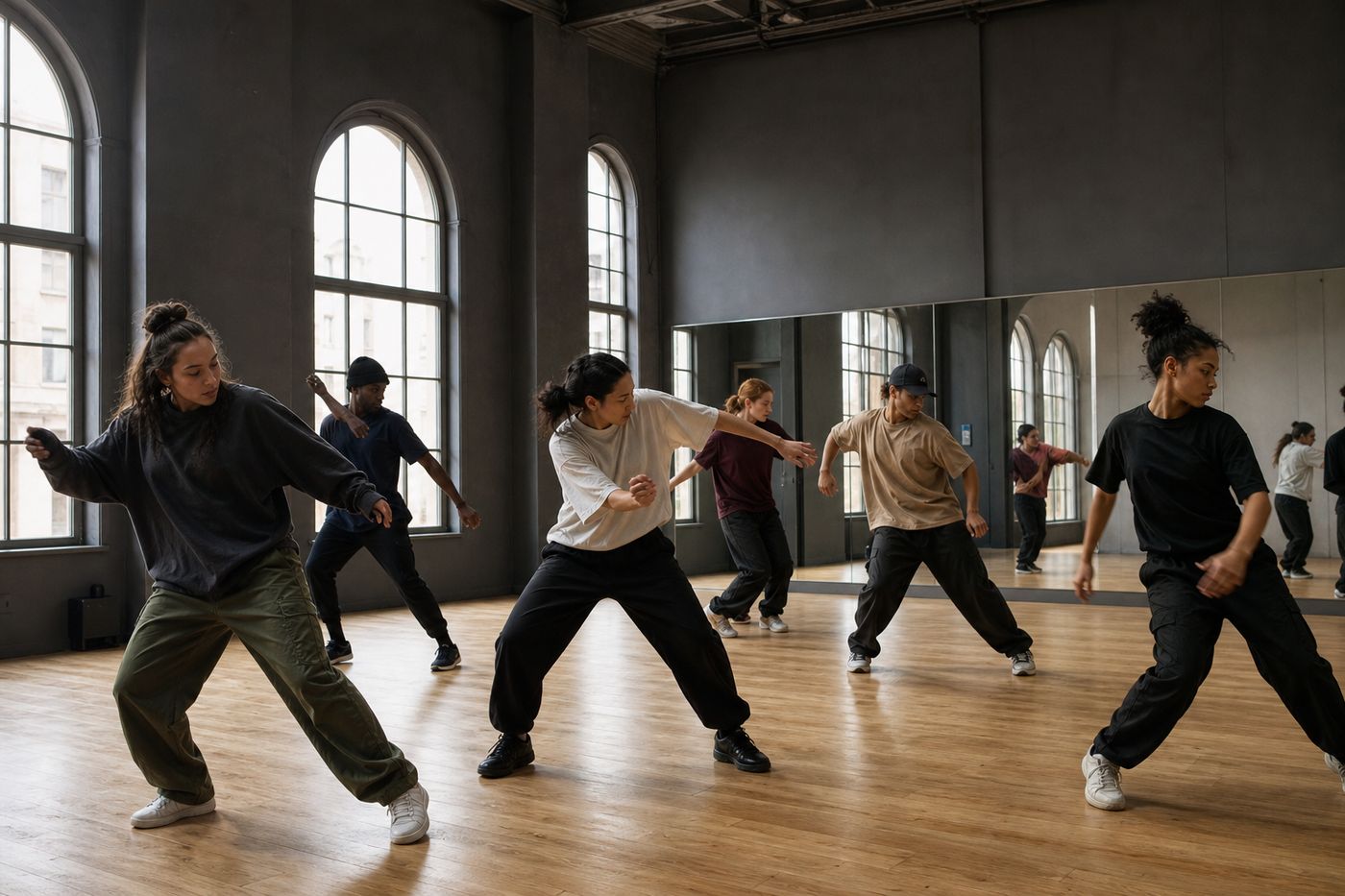 Група дорослих на репетиції у великому залі студії Urban Rhythm